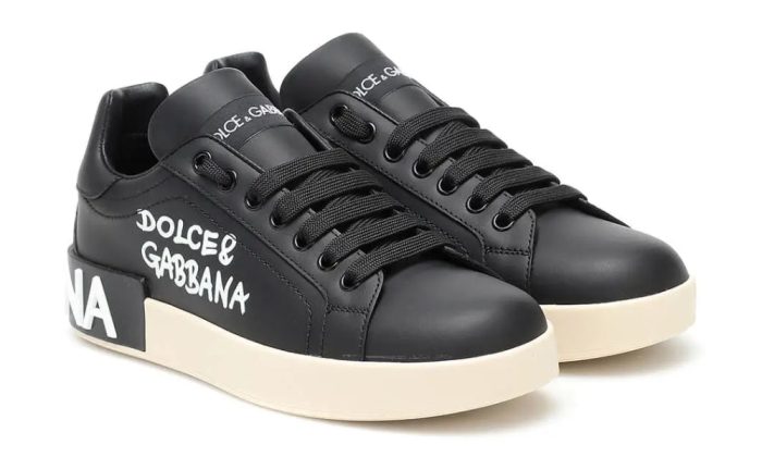 DOLCE & GABBANA Logo Print Leather Lace-up Trainers In Black - DUBAI ALL STAR