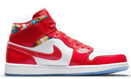 Air Jordan 1 Mid Red Patent White Blue Shoes - DUBAI ALL STAR